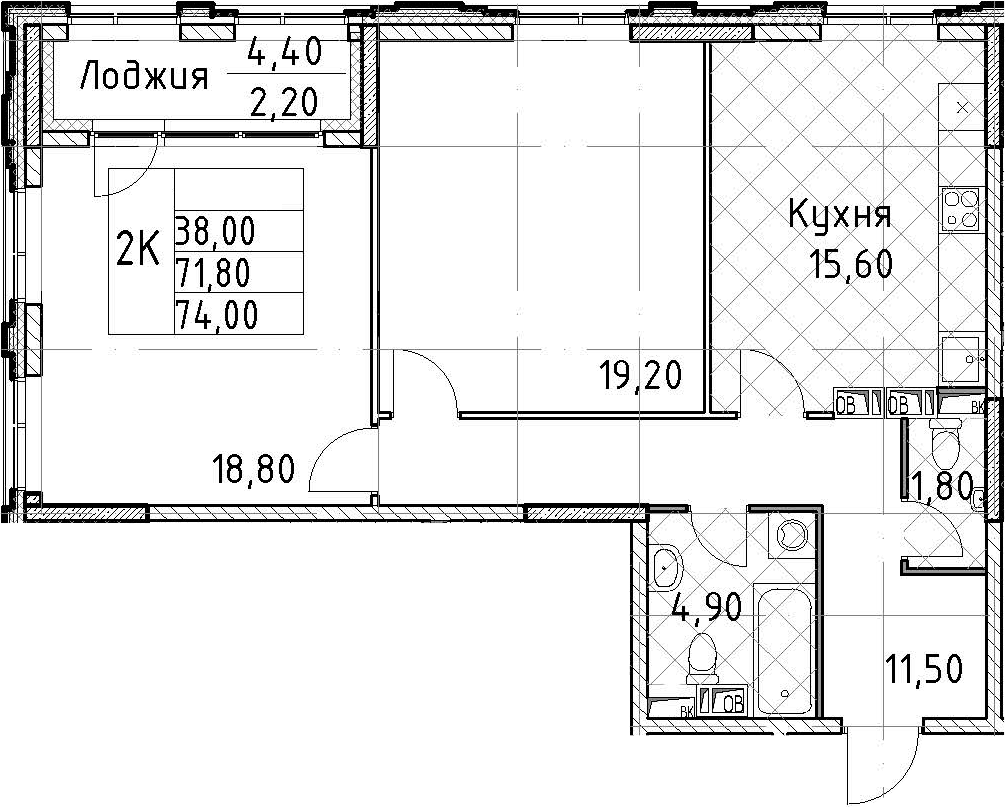 2-комнатная квартира 74 м², 13/13 эт., ЖК «Тайм Сквер»